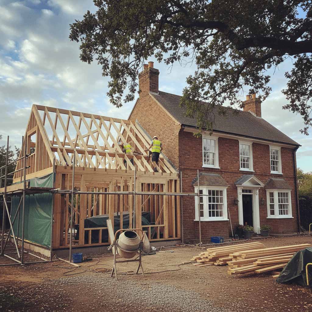 Houten aanbouw wordt aan huis gebouwd