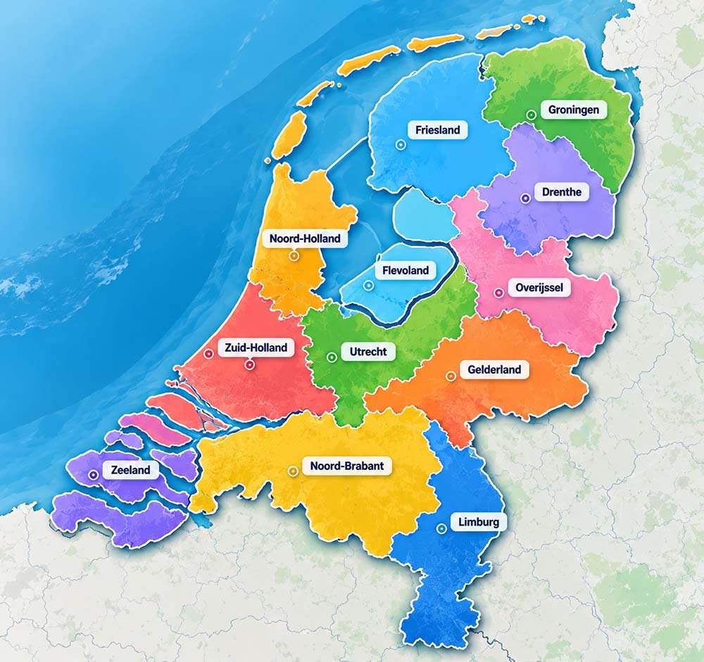 Infographic waar elke provincie wordt aangeduid waar klanten een constructieberekeningen van kunnen aanvragen