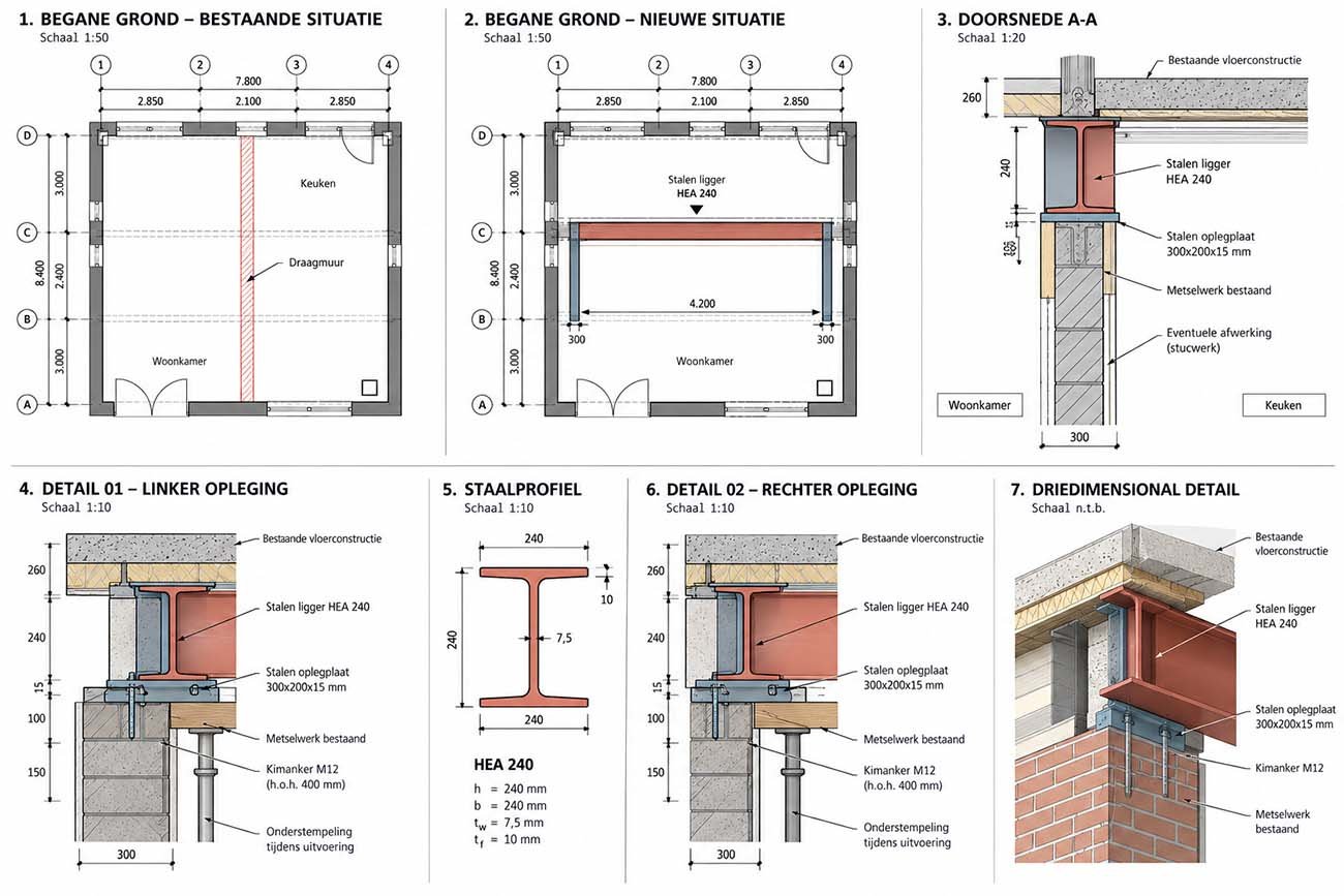 Technische staalconstructiedetails voor draagmuur